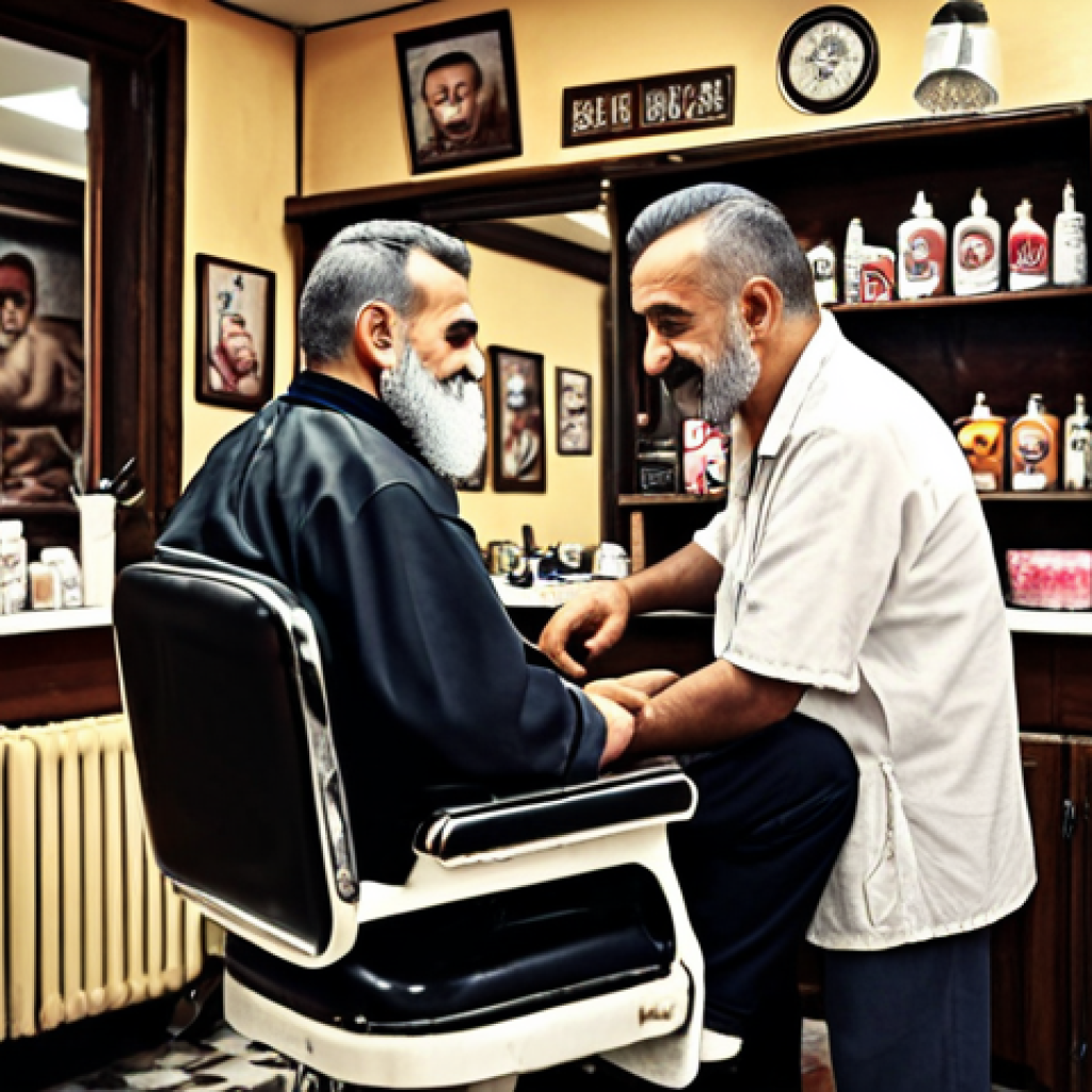 **Prompt:** A cozy 40-year-old barbershop in a Turkish neighborhood. Focus on the social interaction, old-school vibes, and a friendly barber chatting with a customer. Nostalgic atmosphere.