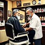**Prompt:** A cozy 40-year-old barbershop in a Turkish neighborhood. Focus on the social interaction, old-school vibes, and a friendly barber chatting with a customer. Nostalgic atmosphere.