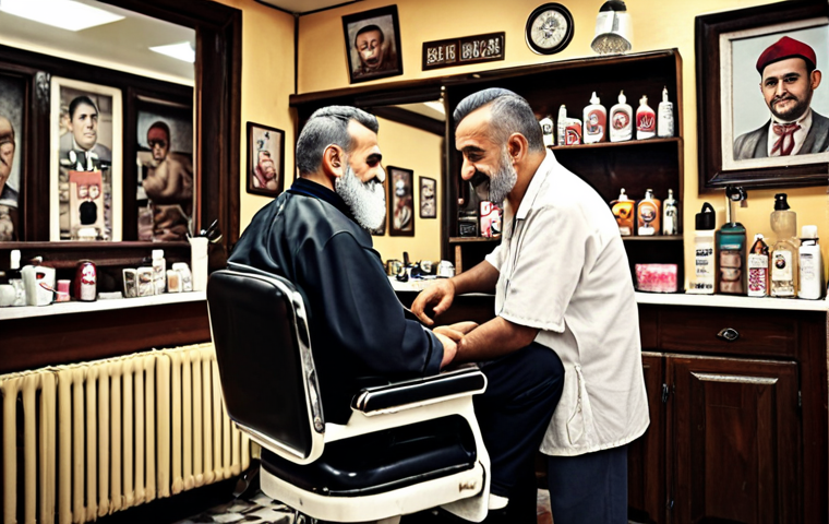 **Prompt:** A cozy 40-year-old barbershop in a Turkish neighborhood. Focus on the social interaction, old-school vibes, and a friendly barber chatting with a customer. Nostalgic atmosphere.