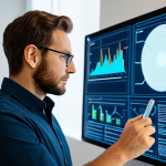 A professional UX designer, fully clothed in a modest business casual outfit, intently focused on a large, glowing holographic display in a modern, minimalist design studio. The display presents clearly defined user journey maps and data visualizations representing context-aware interactions, showing how an application adapts to user emotions and environmental conditions. The designer holds a stylus, thoughtfully considering the intricate adaptive interface. The scene is illuminated by soft, diffused lighting, highlighting the ergonomic furniture. Professional photography, high-resolution, sharp focus, perfect anatomy, correct proportions, natural pose, well-formed hands, proper finger count, safe for work, appropriate content, fully clothed, professional.