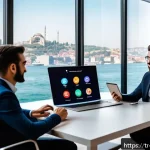 Home 18 협업 도구에서의 맥락 인식 UX 적용 방법 - A modern remote team collaboration scene set in a stylish Istanbul office with diverse Turkish profe...