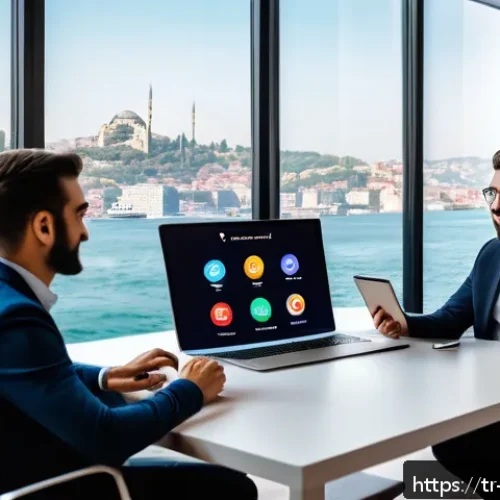 Home 30 협업 도구에서의 맥락 인식 UX 적용 방법 - A modern remote team collaboration scene set in a stylish Istanbul office with diverse Turkish profe...
